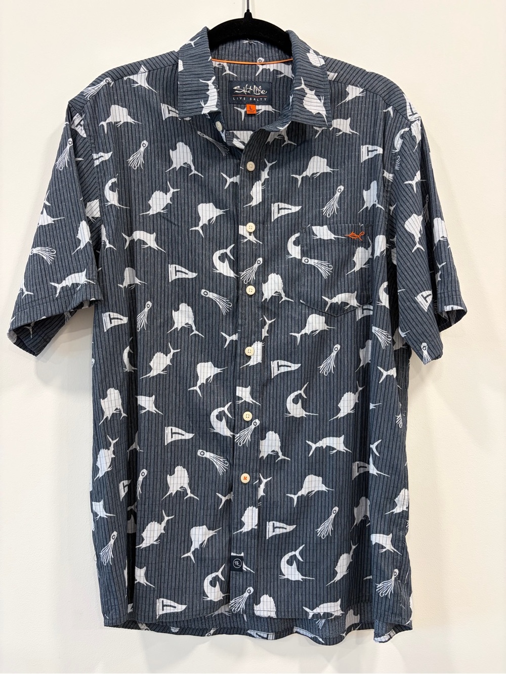 Salt Life Slam Stretch Performance Fishing Shirt Men’s L Blue Fish Marlin Print